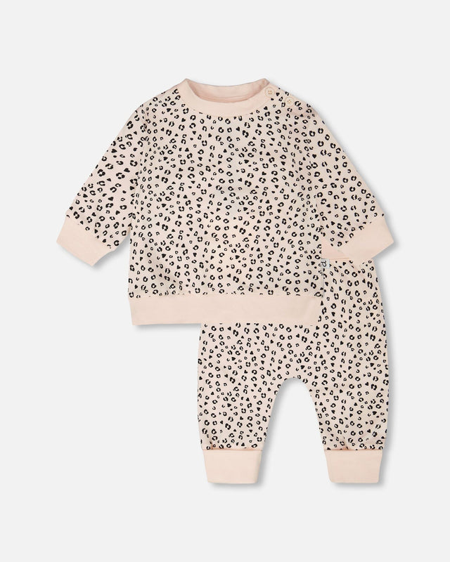 Organic Cotton Jersey Sweater And Pants Set Peach Animal Print-0