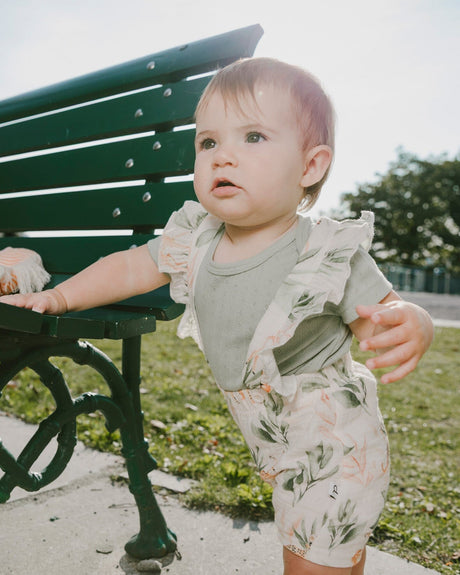 Pointelle Onesie And Cotton Muslin Shortall Set Green And Peach Deer Print-1
