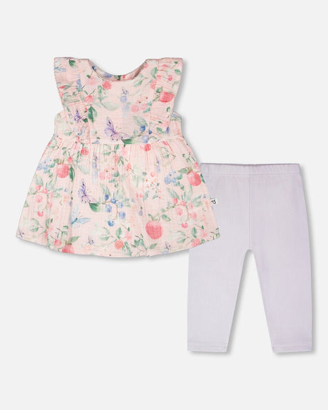 Cotton Muslin Tunic And Rib Jersey Leggings Set Pink Printed Berries And Lilac-0