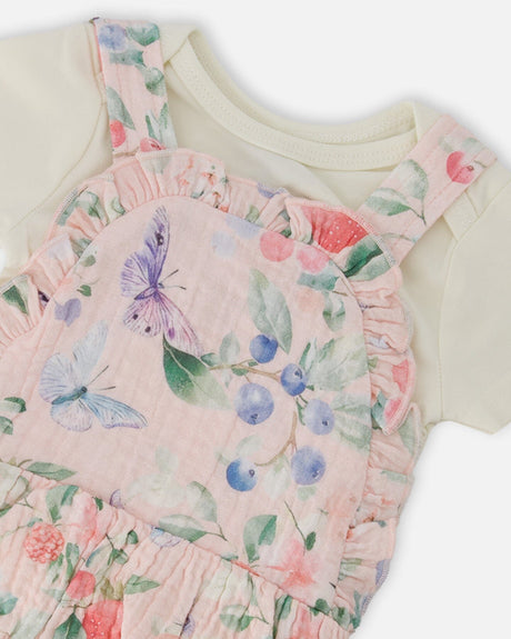 Organic Cotton Jersey Onesie And Muslin Overall Set White And Pink Printed Berries-4