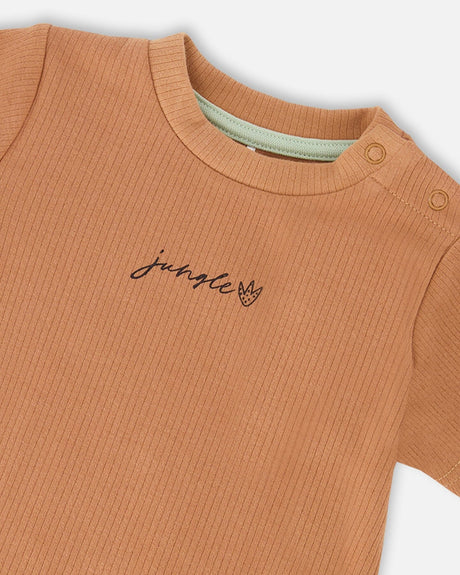 Cotton Rib Jersey T-Shirt And Organic Cotton Jersey Short Set Caramel And Beige Zebra Print-3