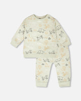 Organic Cotton Jersey Sweater And Pants Set Sage Green Animal Print-0