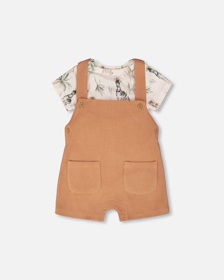 Organic Cotton Jersey Onesie And Cotton Rib Shortall Set Beige Zebra Print And Caramel-0