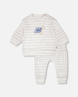 Soft Jersey Sweater And Pants Set White And Grey Stripes-0
