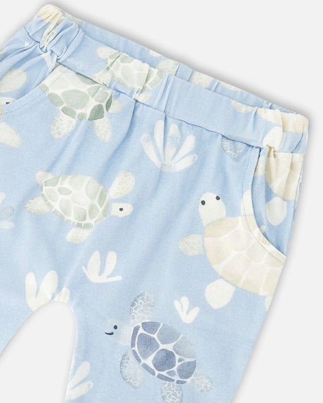 Organic Cotton Jersey T-Shirt And Pants Set Medium Blue And Blue Turtle Print-4