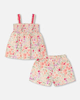 Tank Top With Smocking And Shorts Set In Muslin Off White Printed Flowers-2