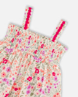 Tank Top With Smocking And Shorts Set In Muslin Off White Printed Flowers-3
