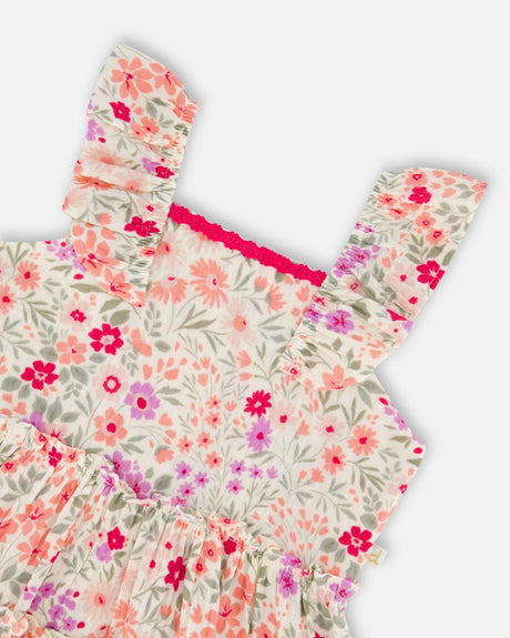 Tunic And Organic Cotton Capri Set Off White Printed Flowers And Pink-3