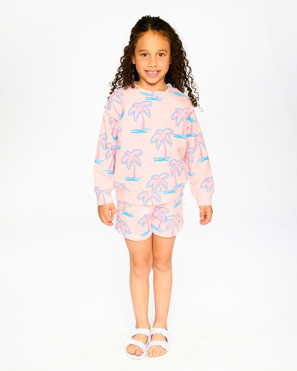 French Terry Sweatshirt Light Pink Palm Print-2