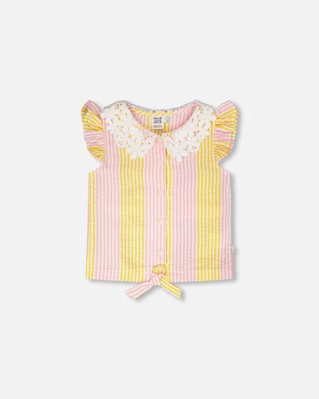 Sleeveless Shirt Pink And Yellow Stripes With Crochet Collar-0