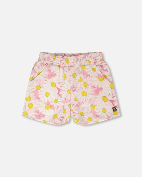 French Terry Shorts Pink Printed Daisies-0