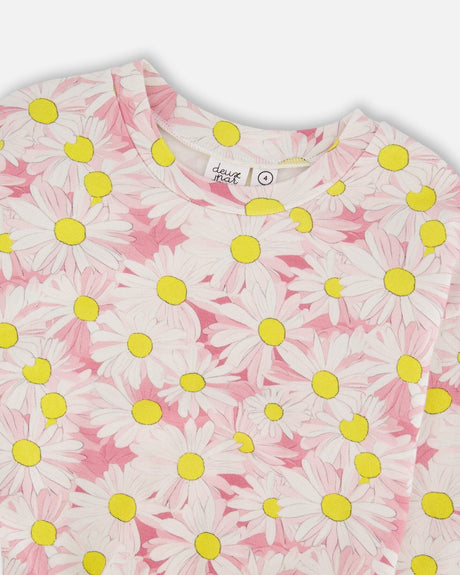 Deux par Deux French Terry Sweatshirt Pink Printed Daisies
