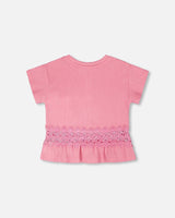 Crinkle Jersey Long T-Shirt With Crochet Insert Pink-2