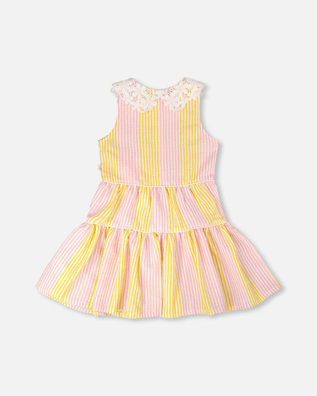 Sleeveless Dress With Crochet Peter Pan Collar Pink And Yellow Stripes-1