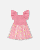 Mesh And Crinkle Jersey Dress With Smocking Pink-0