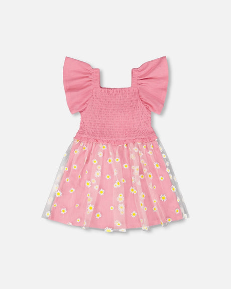 Mesh And Crinkle Jersey Dress With Smocking Pink-0