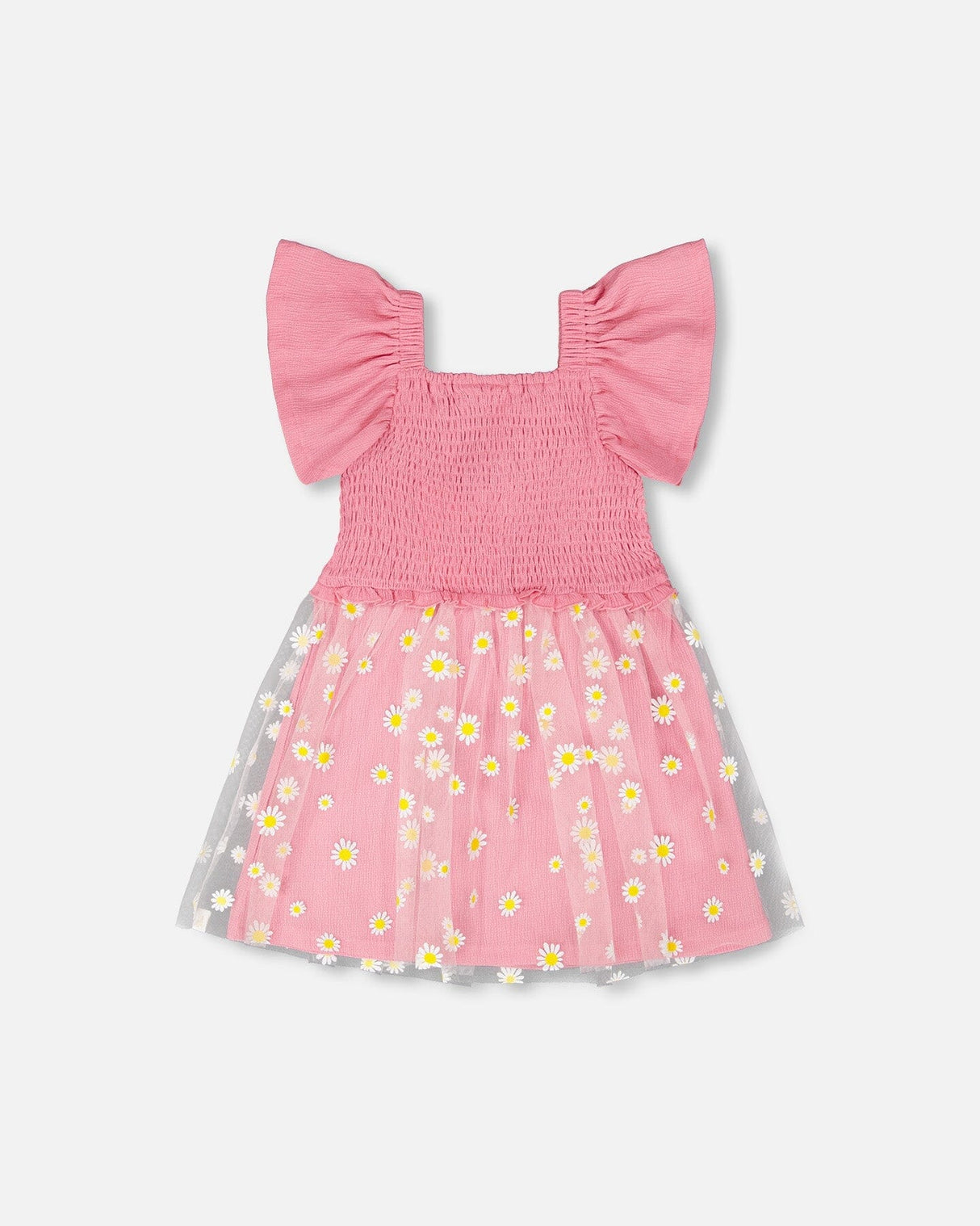 Mesh And Crinkle Jersey Dress With Smocking Pink-2
