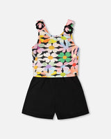 Sleeveless Jersey Jumpsuit Black Printed Flowers-0