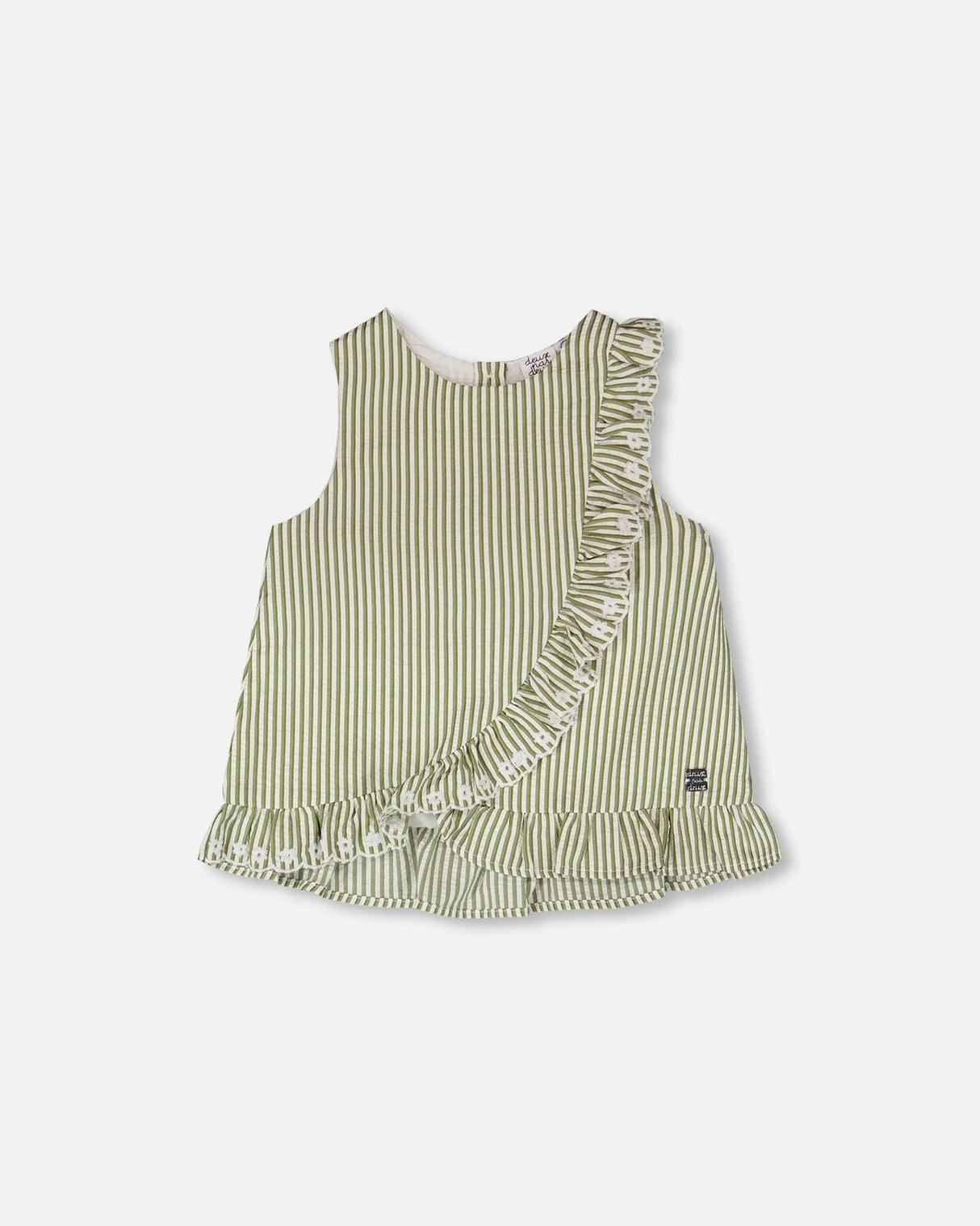 Top Green & Off White Stripes With Embroidered Ruffle-0