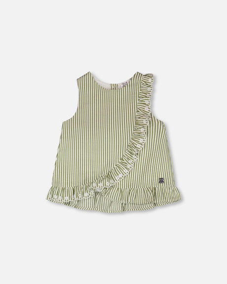 Top Green & Off White Stripes With Embroidered Ruffle-0