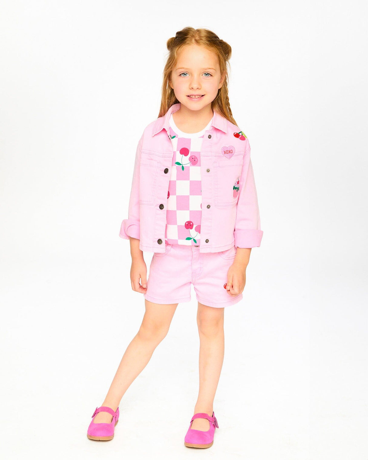 Pink Denim Jacket With Embroidered Patches-1