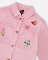 Pink Denim Jacket With Embroidered Patches-3