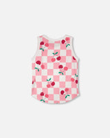 Organic Cotton Jersey Tank Top Pink Printed Cherries-2