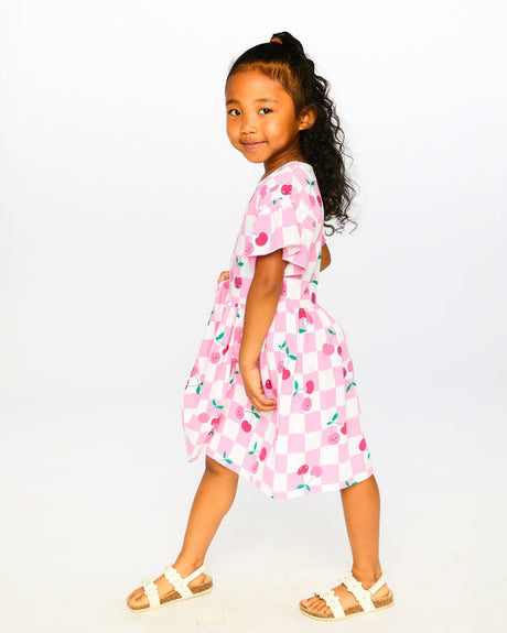 Organic Cotton Jersey Dress Pink Printed Cherries-1