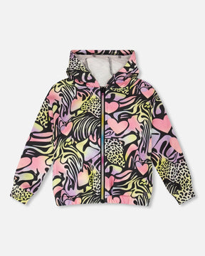 Zip Front French Terry Hoodie Black Printed Multicolor-0