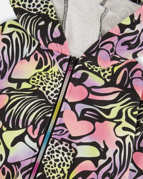 Zip Front French Terry Hoodie Black Printed Multicolor-3