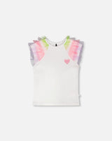 Organic Cotton Jersey T-Shirt White With Multicolor Mesh Sleeves-0