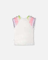 Organic Cotton Jersey T-Shirt White With Multicolor Mesh Sleeves-2
