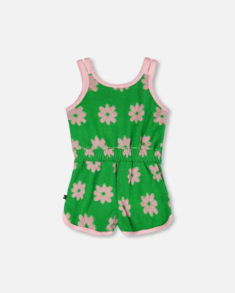 Terry Cloth Sleeveless Jumpsuit Green Printed Flowers-2