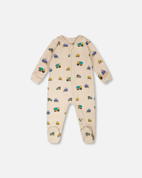 Organic Cotton Baby One-Piece Pyjama Beige Truck Print-0