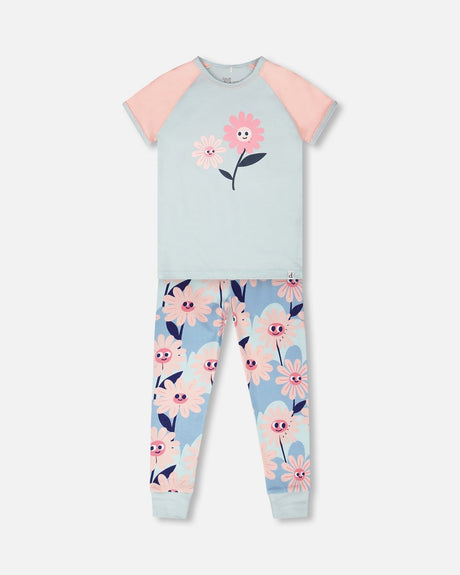 Organic Cotton Two-Piece Pyjama Set Blue Smiling Flower Print-0