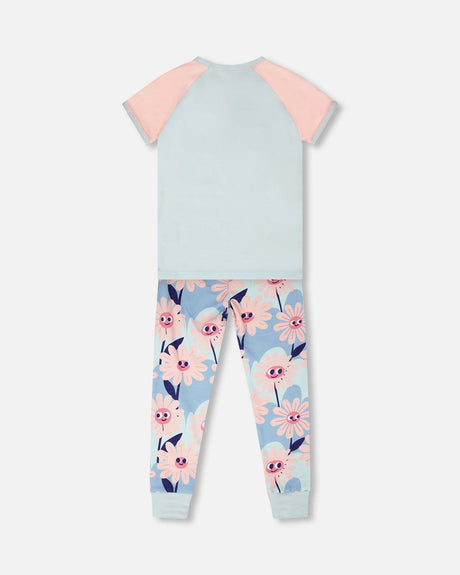 Organic Cotton Two-Piece Pyjama Set Blue Smiling Flower Print-2