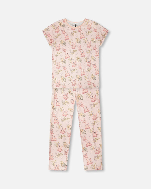 Organic Cotton Women Two-Piece Pyjama Set Pale Pink Bear Print-0