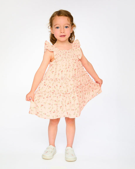 Multi-Tiered Dress With Smocking Pink Printed Flowers-1