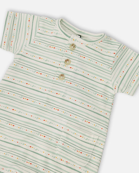 Organic Cotton Romper White Printed Mint Green Lines-2