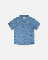 Short Sleeve Chambray Shirt Blue Palm Print-0