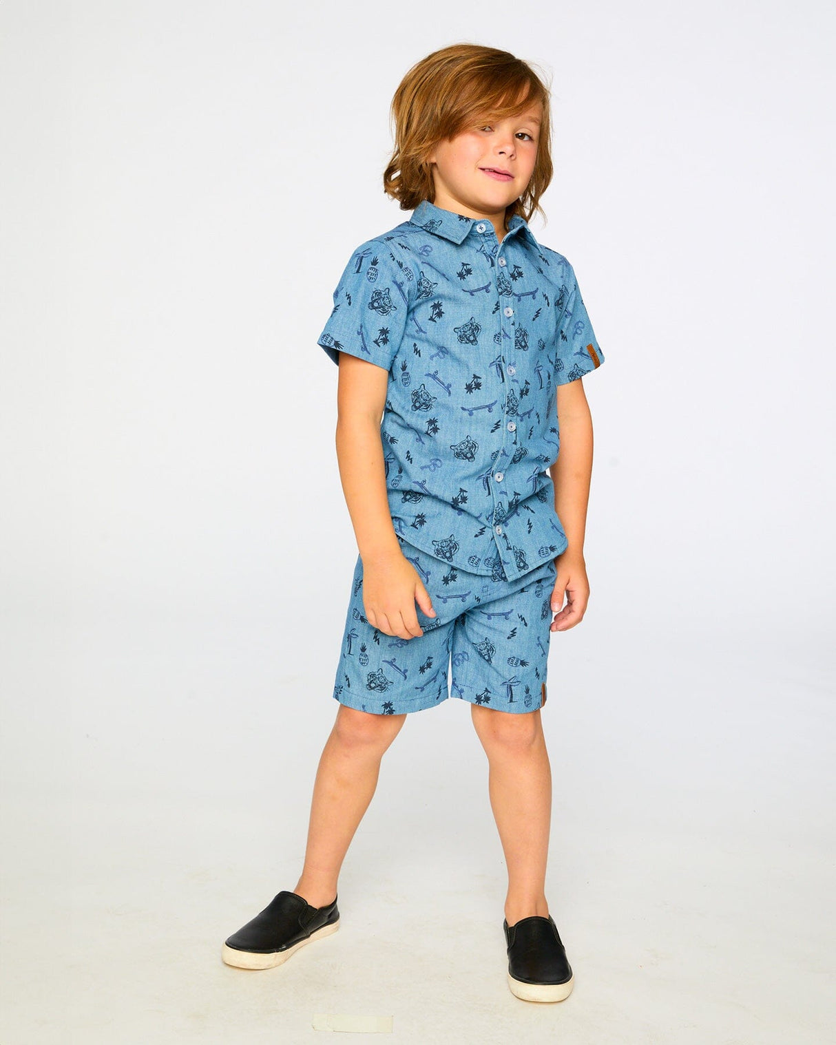 Chambray Short-Sleeve Shirt Blue Printed Skateboards-1
