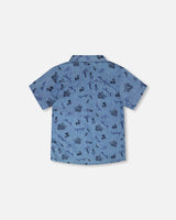Chambray Short-Sleeve Shirt Blue Printed Skateboards-2