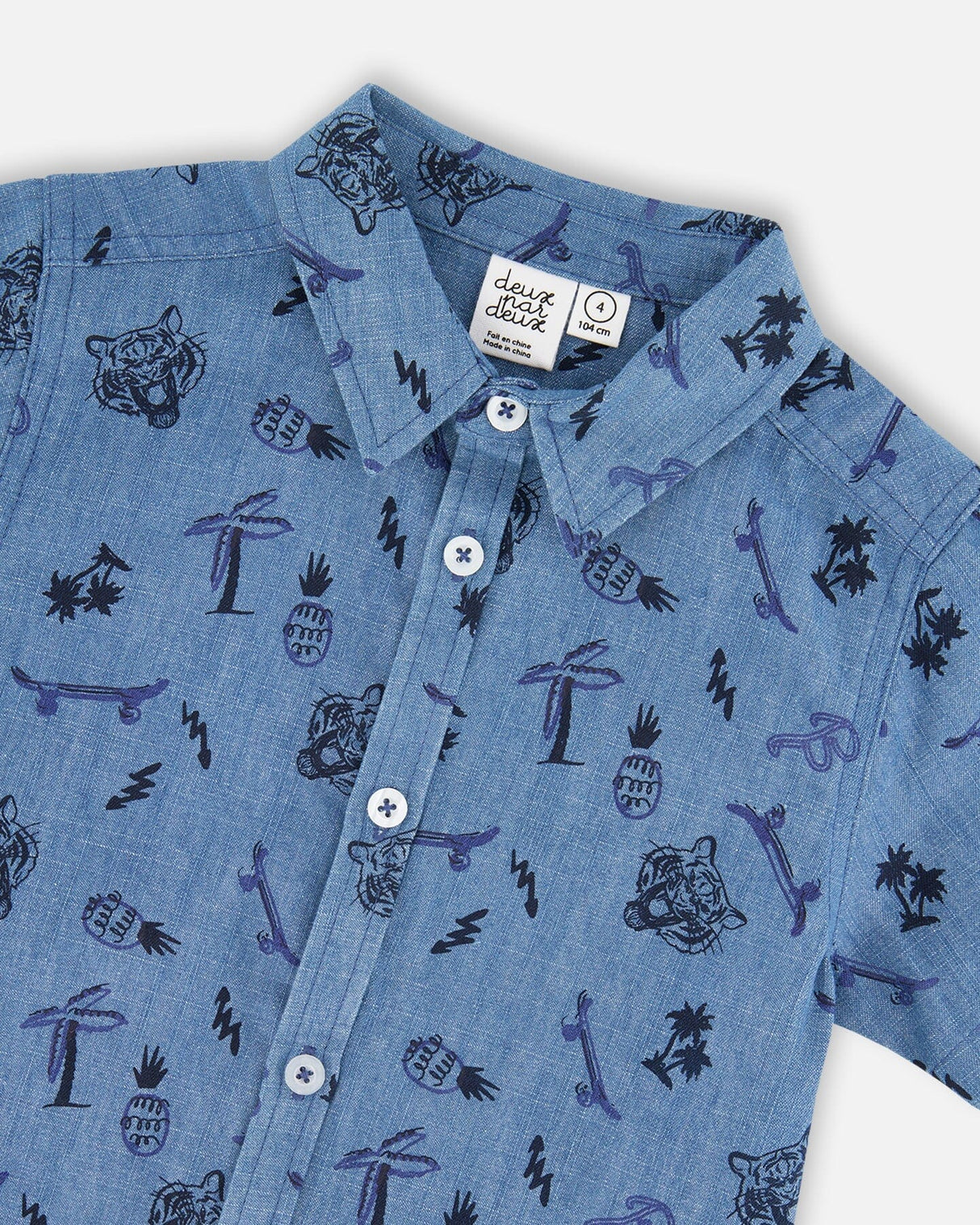 Chambray Short-Sleeve Shirt Blue Printed Skateboards-3