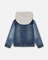 Navy Blue Denim Jacket With Removable French Terry Hood-3