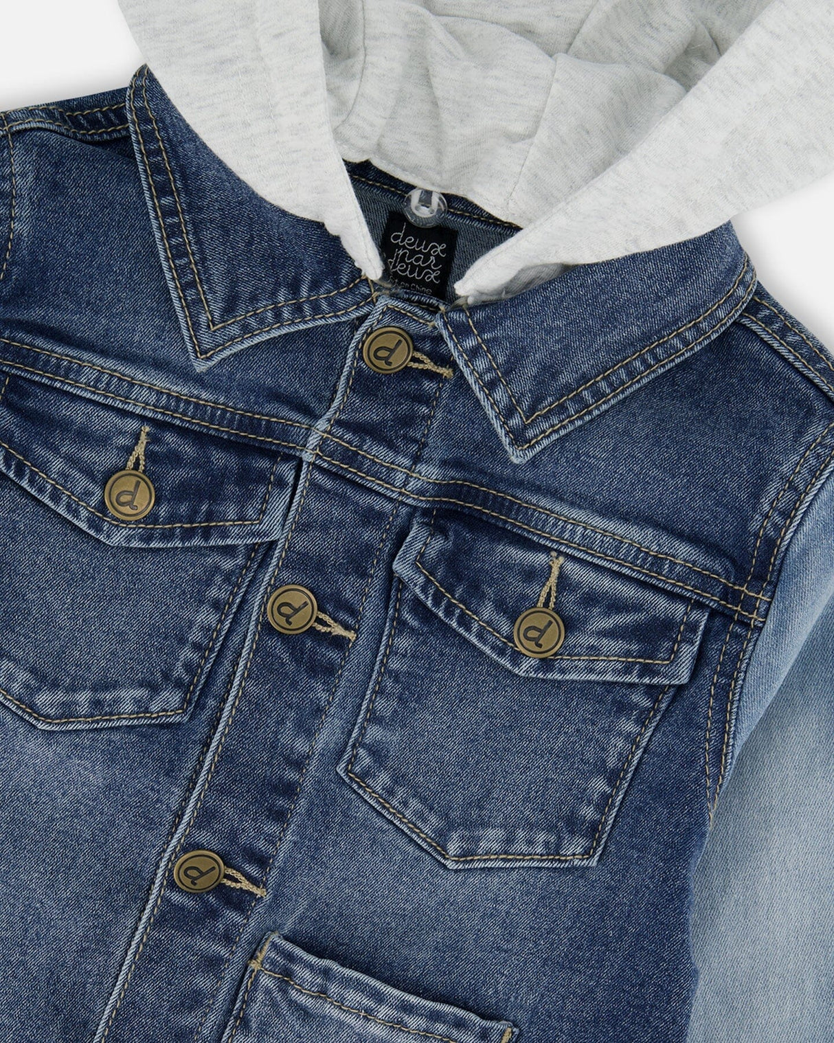 Navy Blue Denim Jacket With Removable French Terry Hood-4