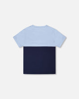 Organic Cotton Colorblock Jersey T-Shirt With Chest Pocket Dark Blue-2