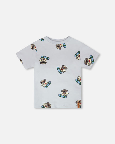Organic Cotton Jersey T-Shirt Blue Pug Print-0