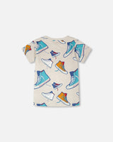 Organic Cotton Jersey T-Shirt Grey Mix Printed Shoes-4