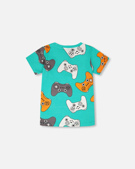 Organic Cotton Jersey T-Shirt Blue Printed Gamepads-2