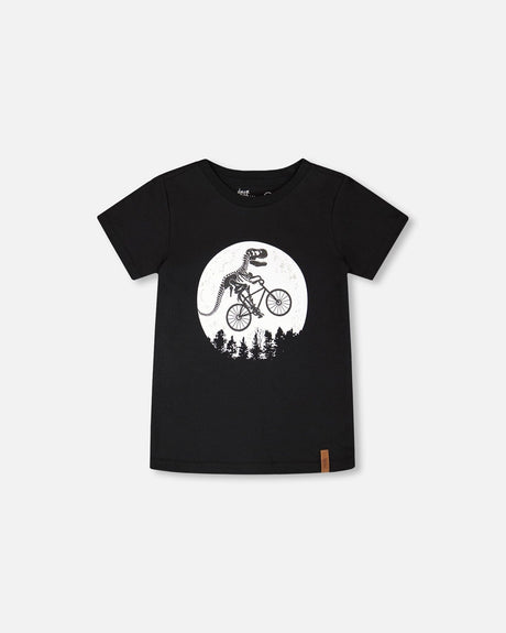 Organic Cotton Jersey T-Shirt With Dino On Bike Print Black-0